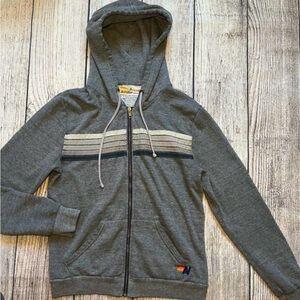 Aviator Nation 5 Stripe Zip Hoodie in heather grey with grey stripes.